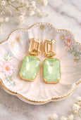 Green Gold Crystal Chandeliers, Light Green Emerald Cut Earrings, Long Pale Green Oversized Earrings, Sage Green Drop Earrings