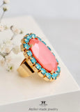 Coral Turquoise Cocktail Crystal Ring, Statement Oval Crystal Ring, Coral Orange Adjustable Cocktail Ring, Salmon Turquoise Crystal Ring.