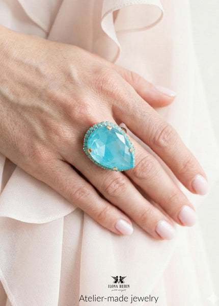 Light Blue Turquoise Crystal Cocktail Ring, Paradise Blue Handmade Statement Ring for Women, Turquoise Gold Adjustable Oversized Pear Ring