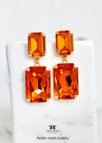 Orange Statement Crystal Chandeliers, Dark Orange Emerald Cut Earrings, Long Orange Oversized Earrings, Burnt Orange Chandelier Earrings