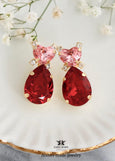 Red Pink Heart Stud Earrings, Heart Red Pink Crystal, Romantic Bridal Earrings, Bridesmaids Earrings, Embellished Crystals, Romantic Gift