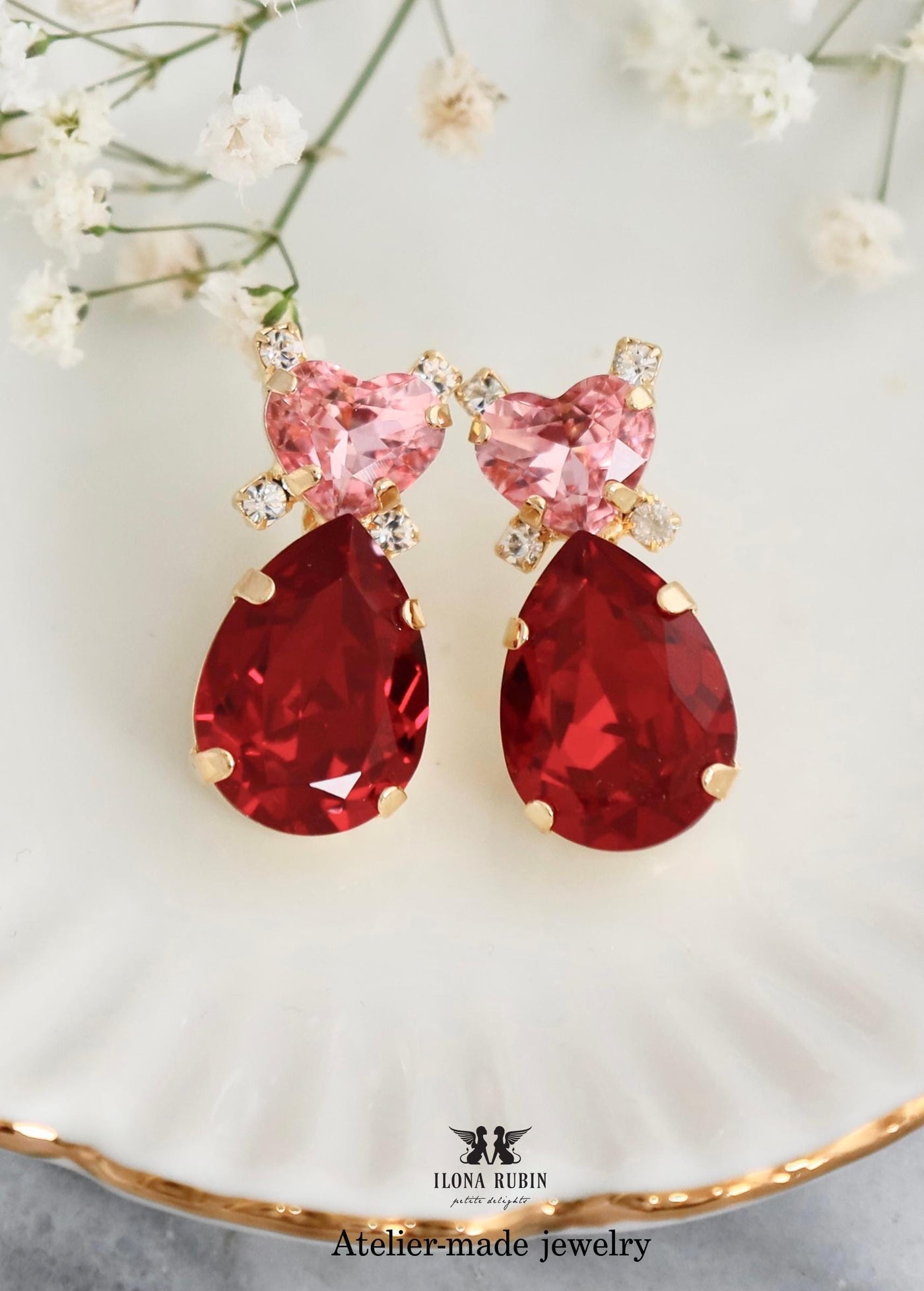 Red Pink Heart Stud Earrings, Heart Red Pink Crystal, Romantic Bridal Earrings, Bridesmaids Earrings, Embellished Crystals, Romantic Gift