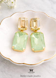 Green Gold Crystal Chandeliers, Light Green Emerald Cut Earrings, Long Pale Green Oversized Earrings, Sage Green Drop Earrings