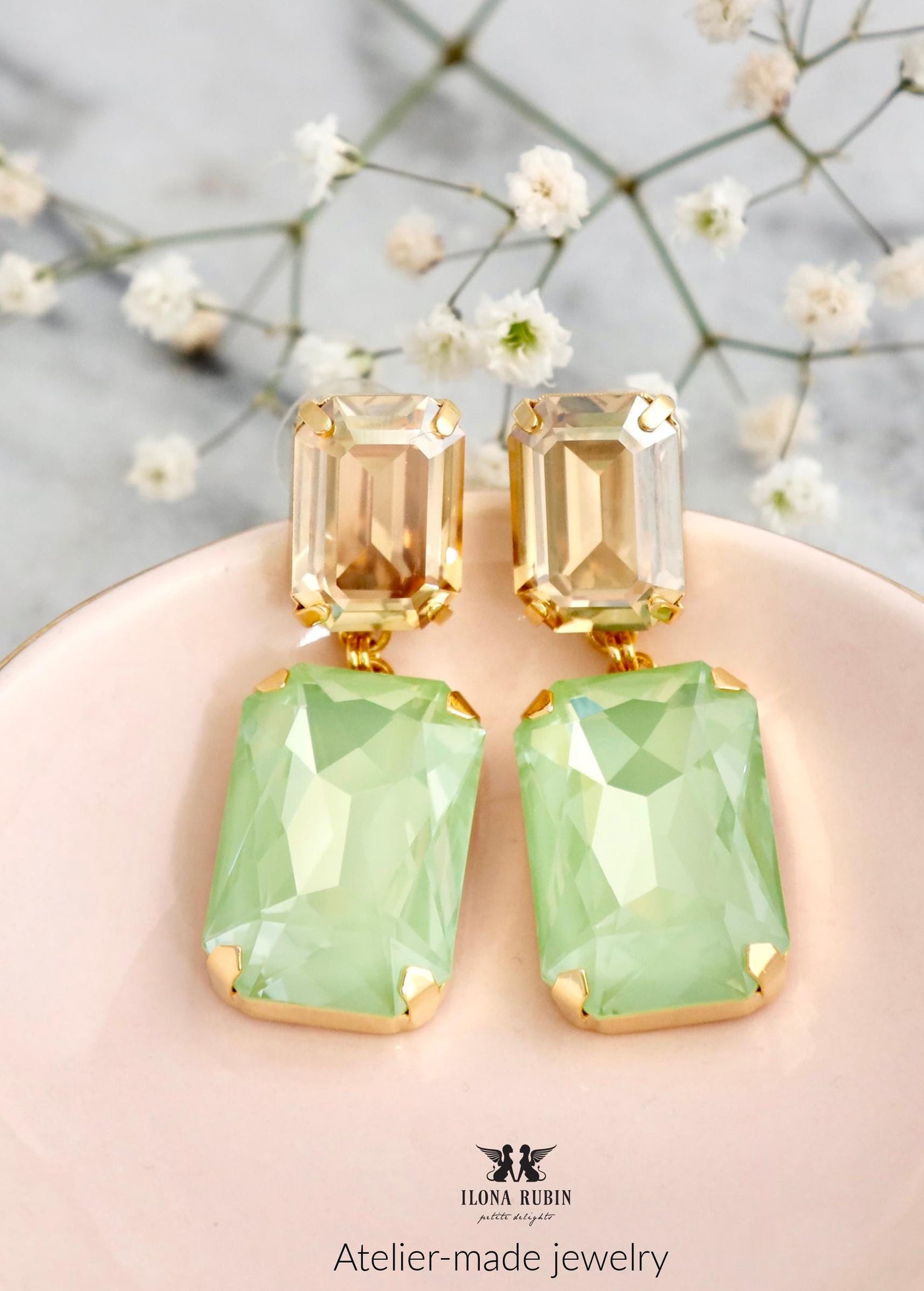 Green Gold Crystal Chandeliers, Light Green Emerald Cut Earrings, Long Pale Green Oversized Earrings, Sage Green Drop Earrings