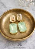 Green Gold Crystal Chandeliers, Light Green Emerald Cut Earrings, Long Pale Green Oversized Earrings, Sage Green Drop Earrings