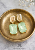 Green Gold Crystal Chandeliers, Light Green Emerald Cut Earrings, Long Pale Green Oversized Earrings, Sage Green Drop Earrings