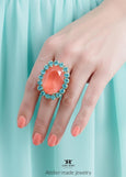 Coral Turquoise Cocktail Crystal Ring, Statement Oval Crystal Ring, Coral Orange Adjustable Cocktail Ring, Salmon Turquoise Crystal Ring.