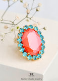 Coral Turquoise Cocktail Crystal Ring, Statement Oval Crystal Ring, Coral Orange Adjustable Cocktail Ring, Salmon Turquoise Crystal Ring.
