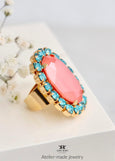 Coral Turquoise Cocktail Crystal Ring, Statement Oval Crystal Ring, Coral Orange Adjustable Cocktail Ring, Salmon Turquoise Crystal Ring.