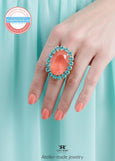 Coral Turquoise Cocktail Crystal Ring, Statement Oval Crystal Ring, Coral Orange Adjustable Cocktail Ring, Salmon Turquoise Crystal Ring.
