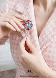 Pink Blue Crystal Flower Heart Lapel Pin, Floral Brooch Crystal Pin, Groom Lapel Pin, Statement Floral Jacket Pin, Bridal Boutonniere Pin