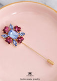 Pink Blue Crystal Flower Heart Lapel Pin, Floral Brooch Crystal Pin, Groom Lapel Pin, Statement Floral Jacket Pin, Bridal Boutonniere Pin