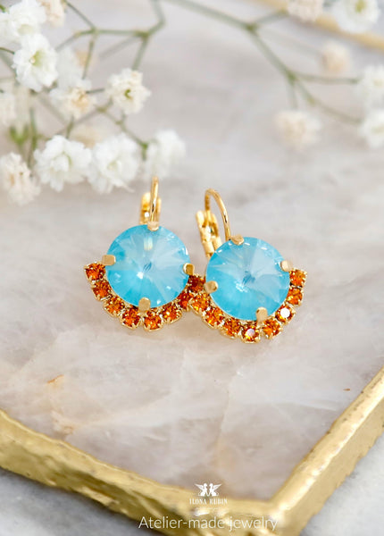 Blue Orange Crystal Earrings, Coral Mint Drop Earrings, Turquoise Crystal Earrings, Orange Light Blue, Bridesmaids Earrings