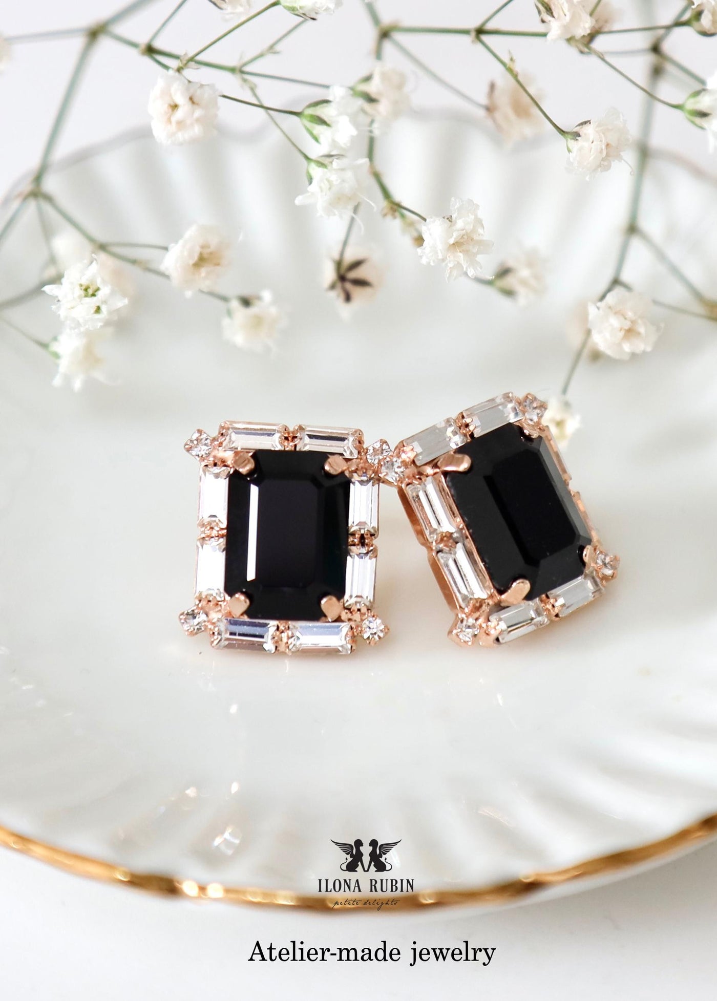 Black Gold Stud Earrings, Art Deco Bridal Jewelry, Jet Black Crystal Statement Studs, Emerald Cut Black Earrings, Black Wedding Jewelry