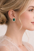 Emerald Green Crystal Earrings, Green Emerald Bridal Jewelry, Dark Green Crystal Statement Studs, Emerald Cut Green Earrings, Green Studs