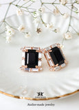 Black Gold Stud Earrings, Art Deco Bridal Jewelry, Jet Black Crystal Statement Studs, Emerald Cut Black Earrings, Black Wedding Jewelry