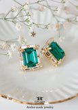 Emerald Green Crystal Earrings, Green Emerald Bridal Jewelry, Dark Green Crystal Statement Studs, Emerald Cut Green Earrings, Green Studs