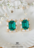 Emerald Green Crystal Earrings, Green Emerald Bridal Jewelry, Dark Green Crystal Statement Studs, Emerald Cut Green Earrings, Green Studs