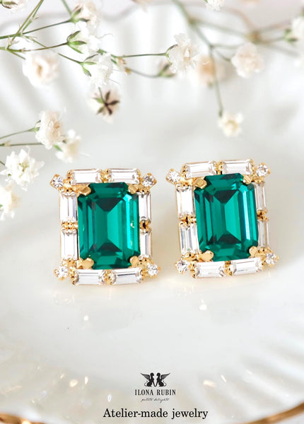 Emerald Green Crystal Earrings, Green Emerald Bridal Jewelry, Dark Green Crystal Statement Studs, Emerald Cut Green Earrings, Green Studs