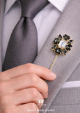 Black Gray Crystal Flower Heart Lapel Pin, Black Brooch Crystal Pin, Groom Lapel Pin, Statement Floral Jacket Pin, Bridal Boutonniere Pin