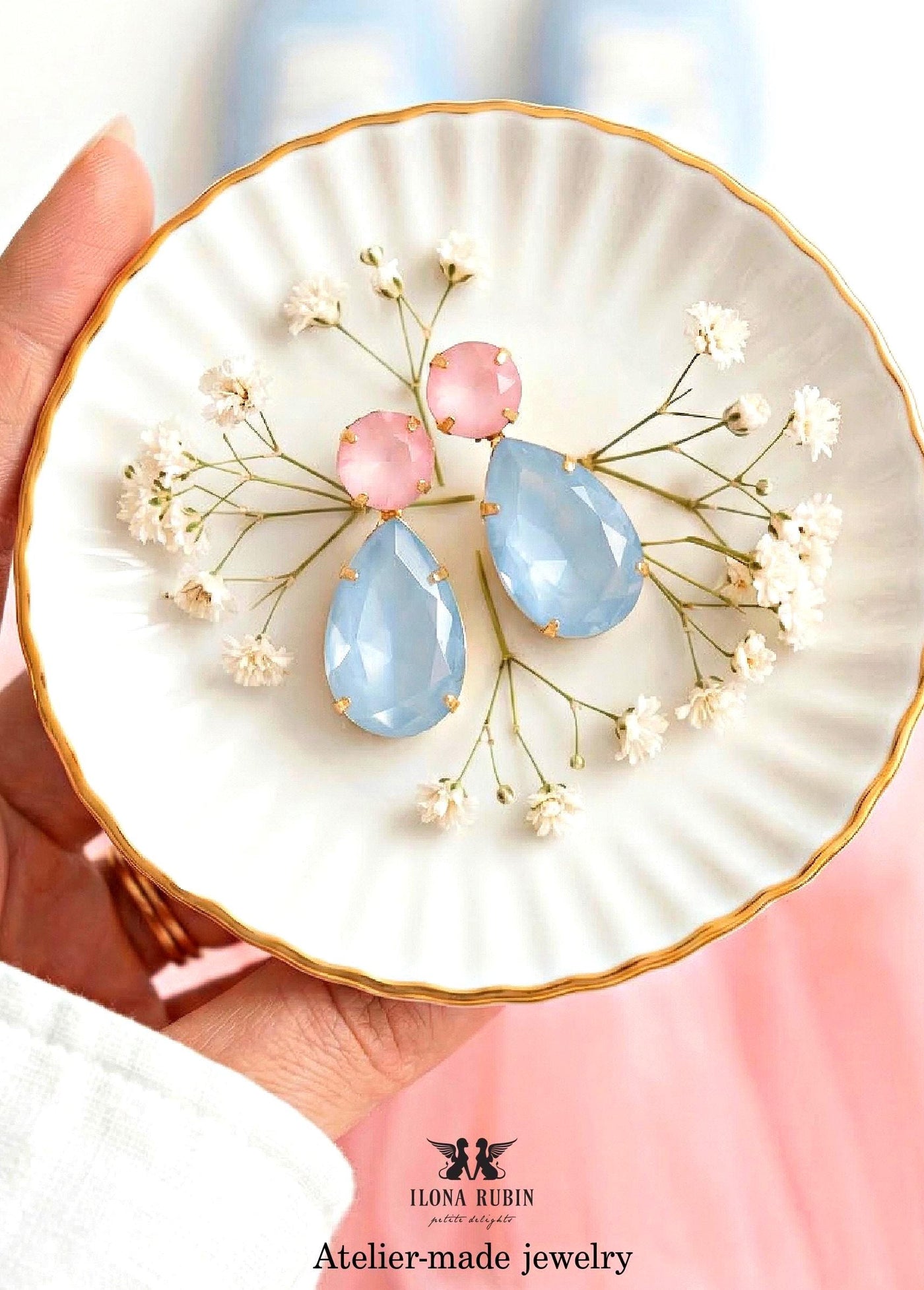 Light Blue Pink Crystal Earrings, Pastel Teardrop Earrings, Powder Blue Ballet Pink Stud Earrings, Powder Pink Blue Jewelry, Pastel Studs