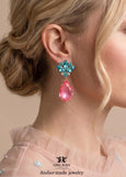 Pink Aqua Blue Statement Long Earrings, Dahlia Pink Turquoise Crystal Chandeliers, Pink Earrings, Oversized Chandelier Crystal Earrings