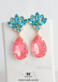 Pink Aqua Blue Statement Long Earrings, Dahlia Pink Turquoise Crystal Chandeliers, Pink Earrings, Oversized Chandelier Crystal Earrings