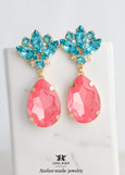 Pink Aqua Blue Statement Long Earrings, Dahlia Pink Turquoise Crystal Chandeliers, Pink Earrings, Oversized Chandelier Crystal Earrings
