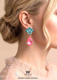 Pink Aqua Blue Statement Long Earrings, Dahlia Pink Turquoise Crystal Chandeliers, Pink Earrings, Oversized Chandelier Crystal Earrings