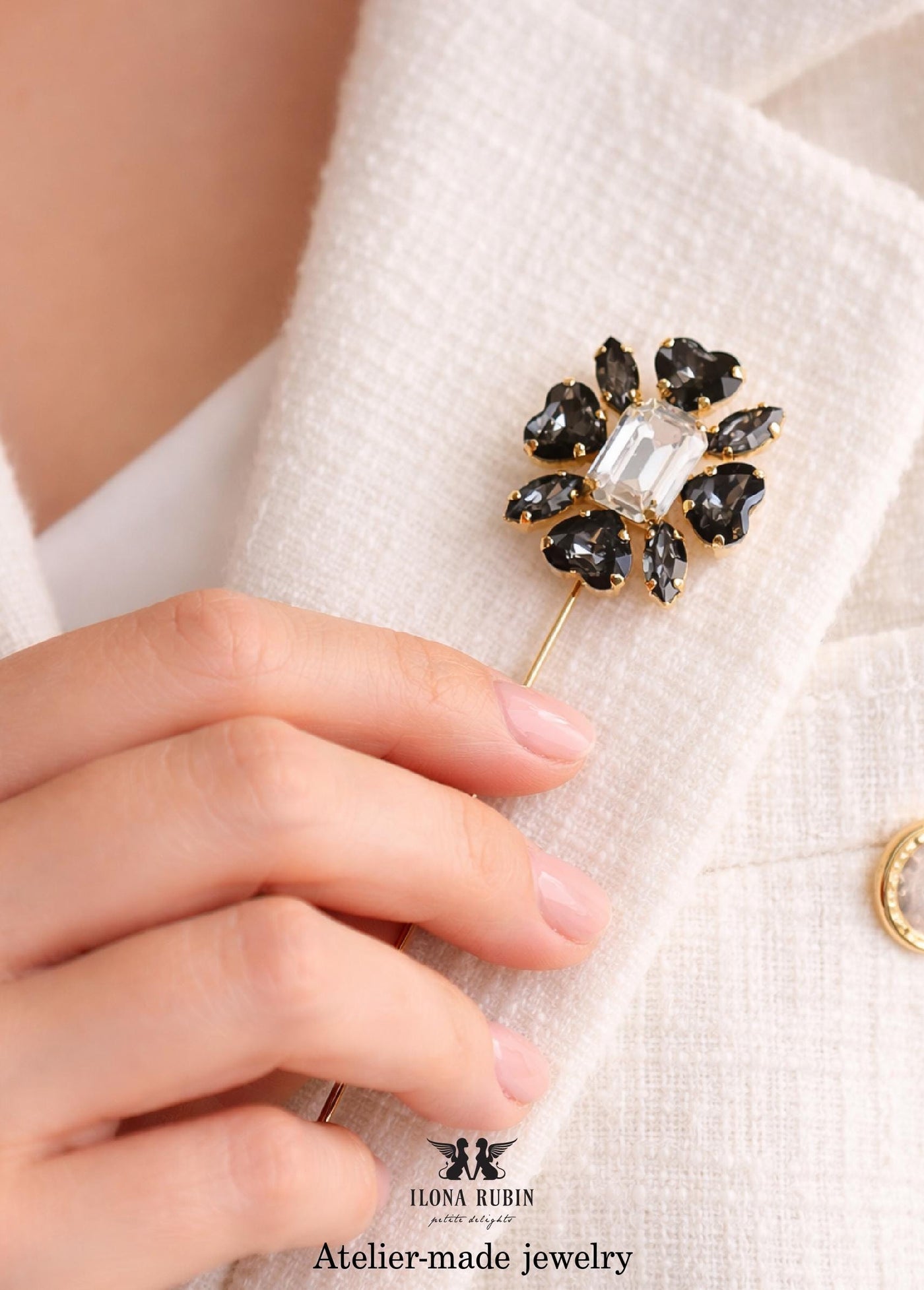 Black Gray Crystal Flower Heart Lapel Pin, Black Brooch Crystal Pin, Groom Lapel Pin, Statement Floral Jacket Pin, Bridal Boutonniere Pin