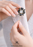 Black Gray Crystal Flower Heart Lapel Pin, Black Brooch Crystal Pin, Groom Lapel Pin, Statement Floral Jacket Pin, Bridal Boutonniere Pin