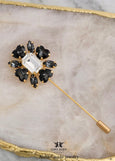 Black Gray Crystal Flower Heart Lapel Pin, Black Brooch Crystal Pin, Groom Lapel Pin, Statement Floral Jacket Pin, Bridal Boutonniere Pin
