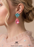 Pink Aqua Blue Statement Long Earrings, Dahlia Pink Turquoise Crystal Chandeliers, Pink Earrings, Oversized Chandelier Crystal Earrings