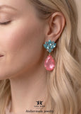 Pink Aqua Blue Statement Long Earrings, Dahlia Pink Turquoise Crystal Chandeliers, Pink Earrings, Oversized Chandelier Crystal Earrings
