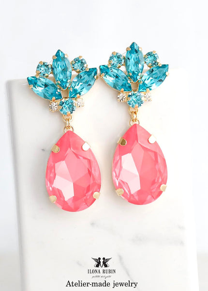 Pink Aqua Blue Statement Long Earrings, Dahlia Pink Turquoise Crystal Chandeliers, Pink Earrings, Oversized Chandelier Crystal Earrings