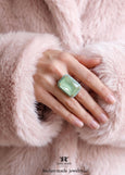 Green Cocktail Crystal Ring, Statement Soft Green Crystal Ring, Sage Green Adjustable Crystal Cocktail Ring, Light Green Crystal Gold Ring.