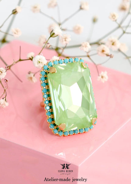 Green Cocktail Crystal Ring, Statement Soft Green Crystal Ring, Sage Green Adjustable Crystal Cocktail Ring, Light Green Crystal Gold Ring.
