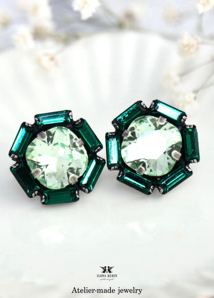 Green Sage Crystal Stud Bridal Earrings, Light Green Classic Stud Earrings, Emerald Green Silver Bridal Earrings, Green Sage Wedding Jewelry