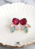 Pink Green Stud Earrings, Fuchsia Pink Crystal Earrings, Pink Earrings, Bridesmaid Gifts, Gift For Her, Pink Sage Green earrings