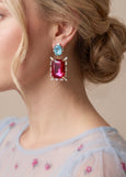 Pink Blue Chandeliers, Fuchsia Pink Emerald Cut Statement Long Earrings, Oversized Dark Fuchsia Pink Earrings, Light Blue Pink Jewelry