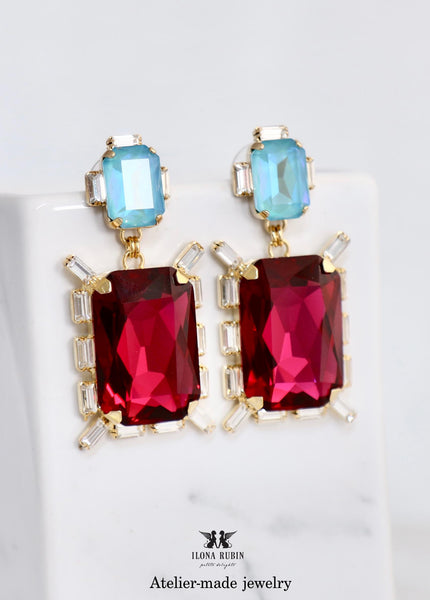 Pink Blue Chandeliers, Fuchsia Pink Emerald Cut Statement Long Earrings, Oversized Dark Fuchsia Pink Earrings, Light Blue Pink Jewelry