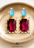 Pink Blue Chandeliers, Fuchsia Pink Emerald Cut Statement Long Earrings, Oversized Dark Fuchsia Pink Earrings, Light Blue Pink Jewelry
