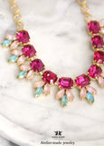 Pink Green Crystal Statement Necklace, Bridal Fuchsia Pink Sage Green Necklace, Crystal Sage Green Pink Choker Necklace, Crystal Necklace