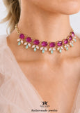 Pink Green Crystal Statement Necklace, Bridal Fuchsia Pink Sage Green Necklace, Crystal Sage Green Pink Choker Necklace, Crystal Necklace