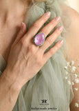 Lilac Purple Crystal Cocktail Ring, Light Purple Handmade Statement Ring for Women, Purple Gold Adjustable Oversized Pear Ring