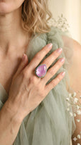 Lilac Purple Crystal Cocktail Ring, Light Purple Handmade Statement Ring for Women, Purple Gold Adjustable Oversized Pear Ring