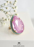 Lilac Purple Crystal Cocktail Ring, Light Purple Handmade Statement Ring for Women, Purple Gold Adjustable Oversized Pear Ring
