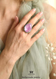 Lilac Purple Crystal Cocktail Ring, Light Purple Handmade Statement Ring for Women, Purple Gold Adjustable Oversized Pear Ring