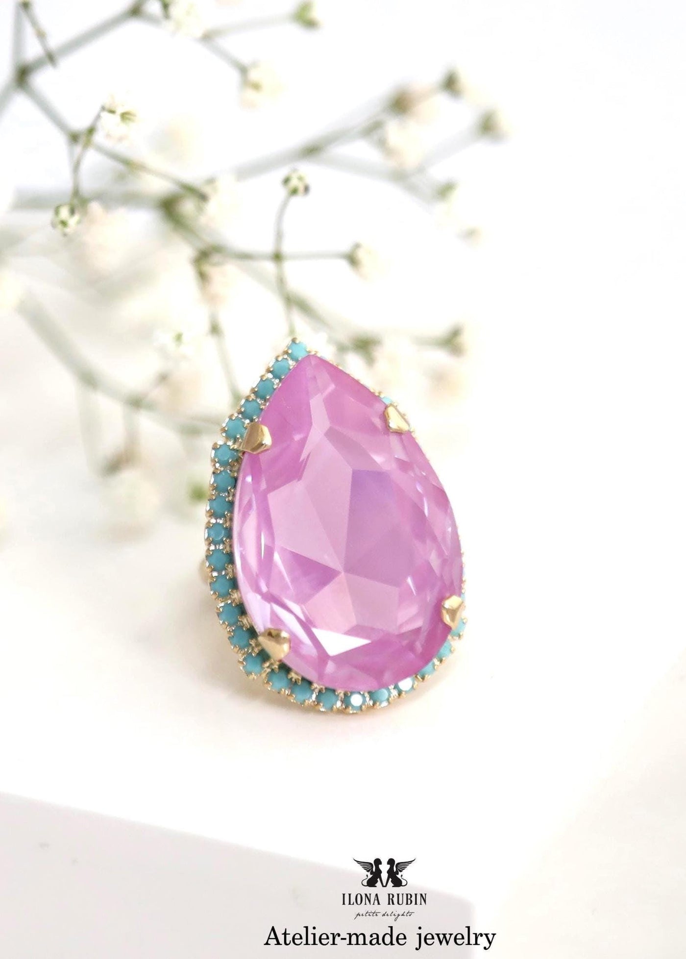 Lilac Purple Crystal Cocktail Ring, Light Purple Handmade Statement Ring for Women, Purple Gold Adjustable Oversized Pear Ring