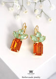 Orange Crystal Drop Earrings, Dark Orange Green Drop Earrings, Tangerine Crystal Earrings, Apricot Summer Earrings